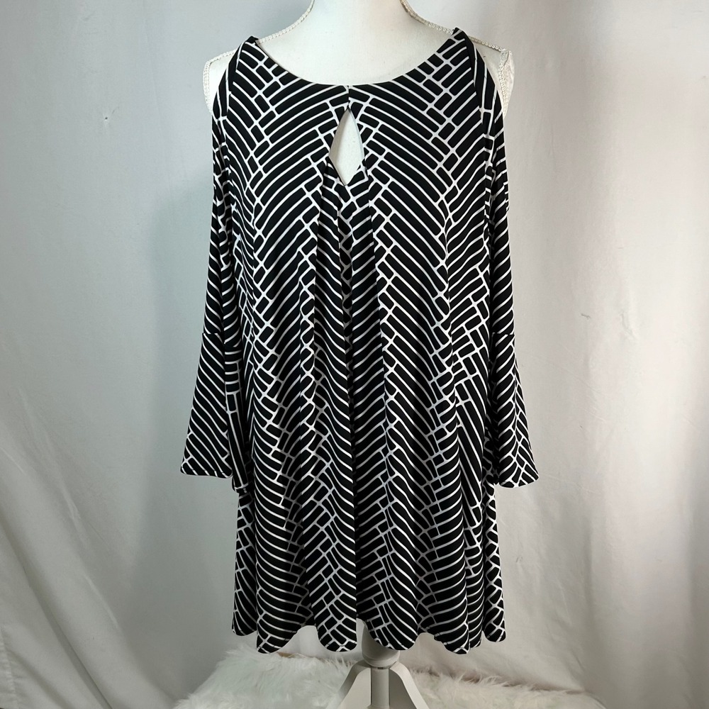 Alfani Womens Black White Geometric Cold Shoulder Keyhole Neck Midi Dress XL